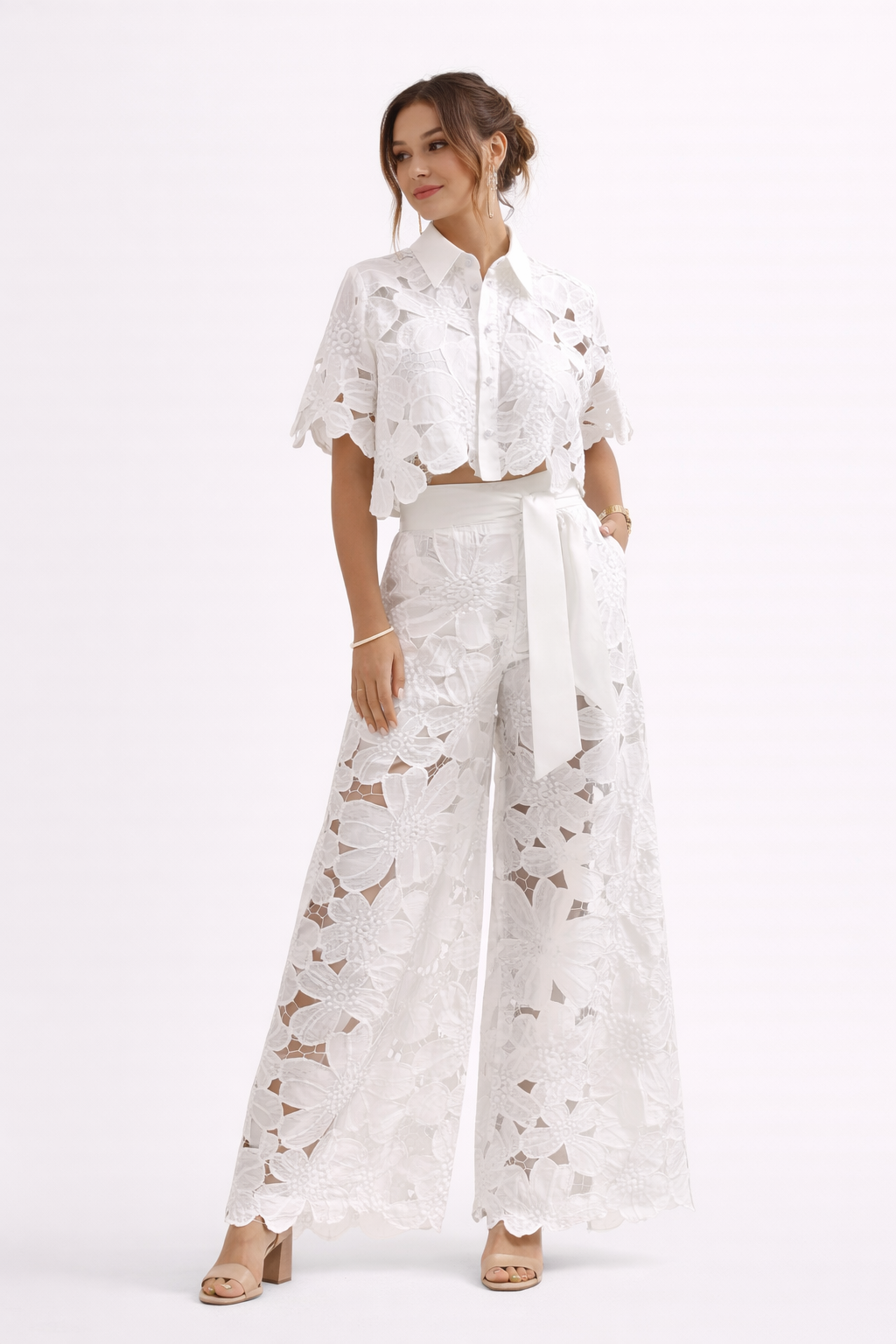 Damen-Set florale Spitze weite Hosen kurze Ärmel Bluse - Anneliese
