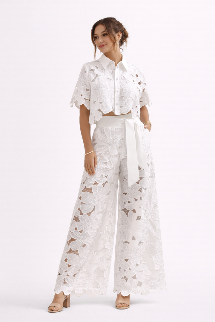 Damen-Set florale Spitze weite Hosen kurze Ärmel Bluse - Anneliese