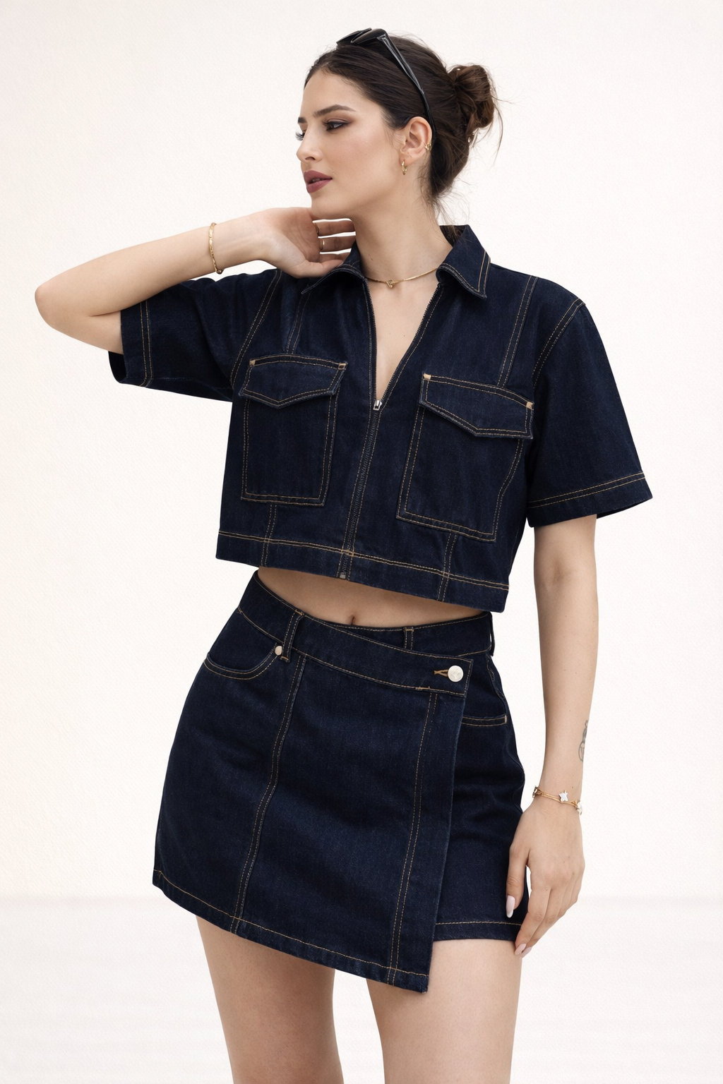 Damen Denim Sommer Set kurzer Rock kurzer Rock kurze Ärmel Denim Top - Arisha
