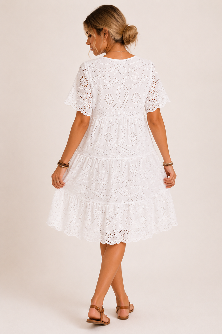 Besticktes Midikleid mit hoher Taille und V-Ausschnitt - Ferchna