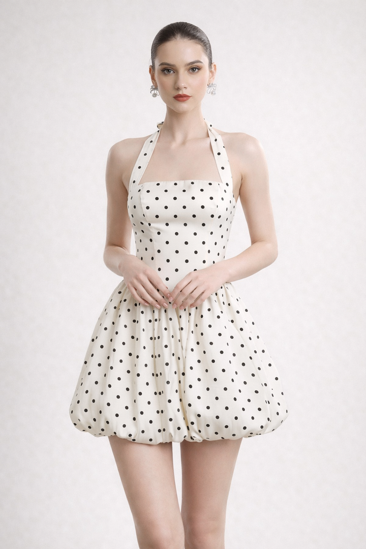 Kurzes Damenkleid mit Neckholder-Ausschnitt und Ballon-Rock - Doris