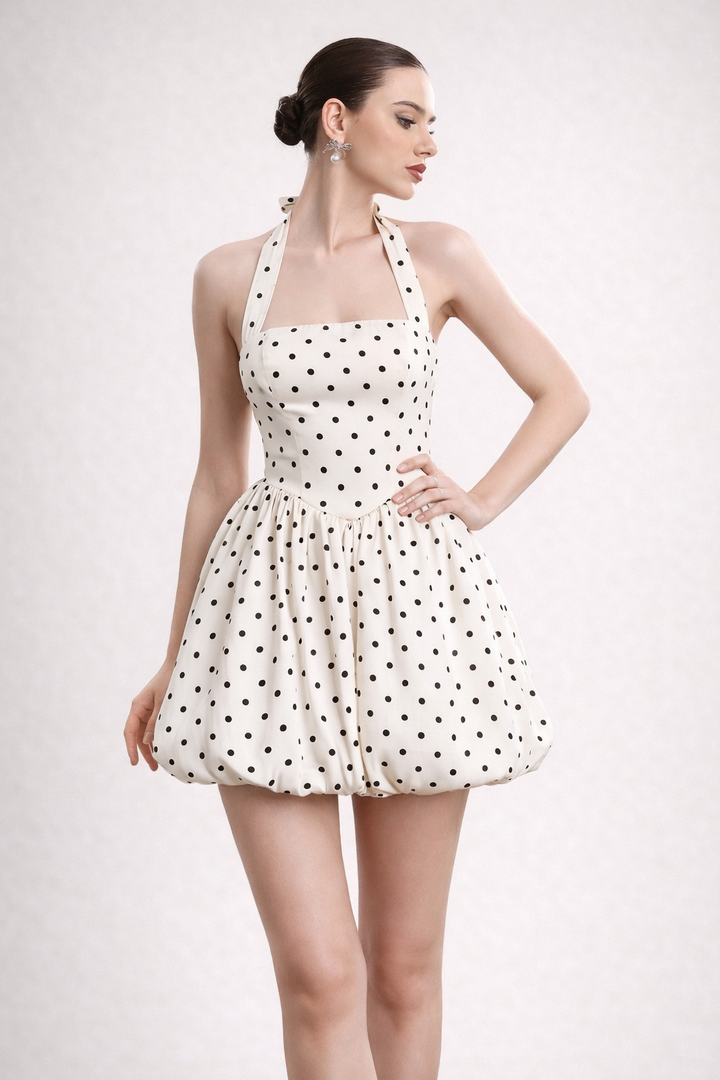Kurzes Damenkleid mit Neckholder-Ausschnitt und Ballon-Rock - Doris