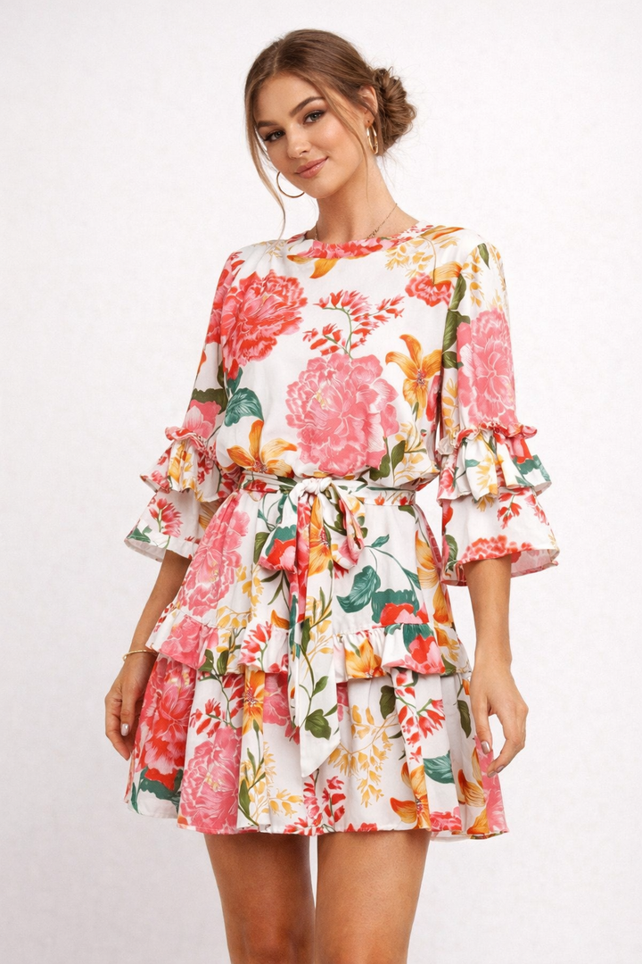 Geblümtes Damenkleid mit Rüschen und Schleife - Camila