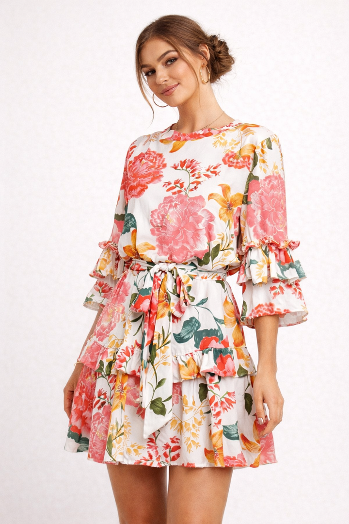 Geblümtes Damenkleid mit Rüschen und Schleife - Camila