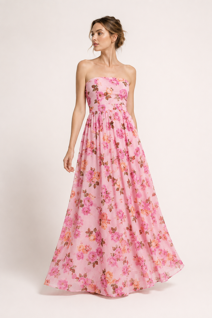 Vintage-Kleid für Damen ohne Träger mit Blumenmuster und weitem Rock – Elfriede