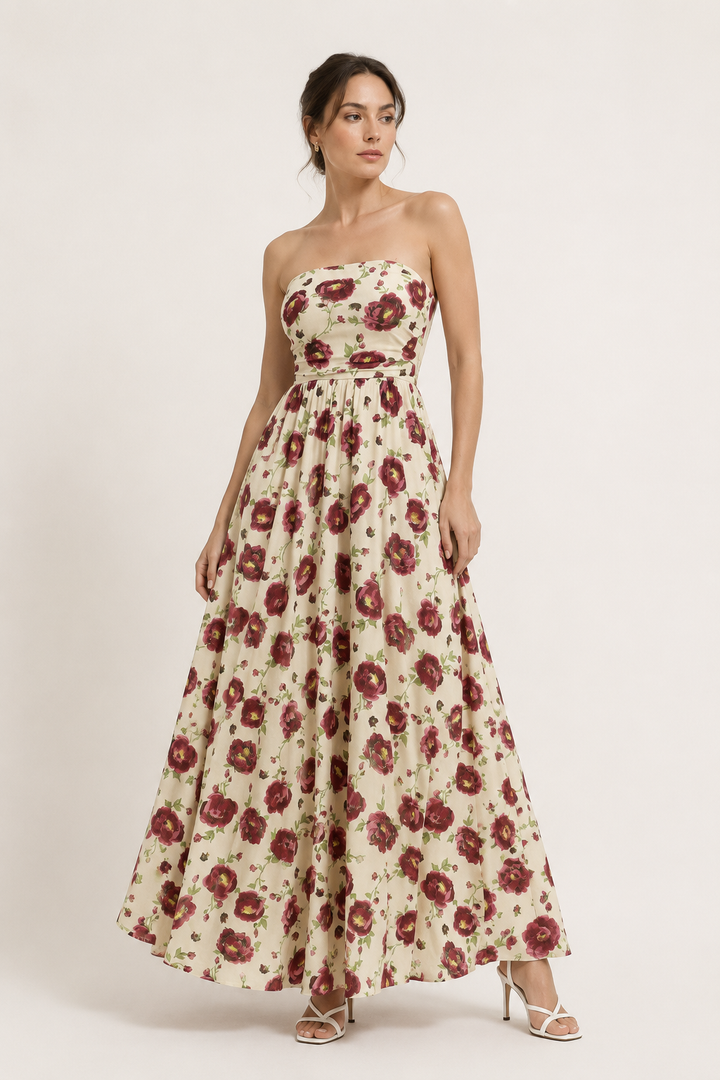 Vintage-Kleid für Damen ohne Träger mit Blumenmuster und weitem Rock – Elfriede