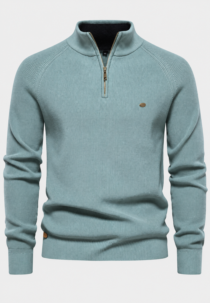 Herrenpullover mit halbem Reißverschluss, Stehkragen und Raglanärmeln – Aurel