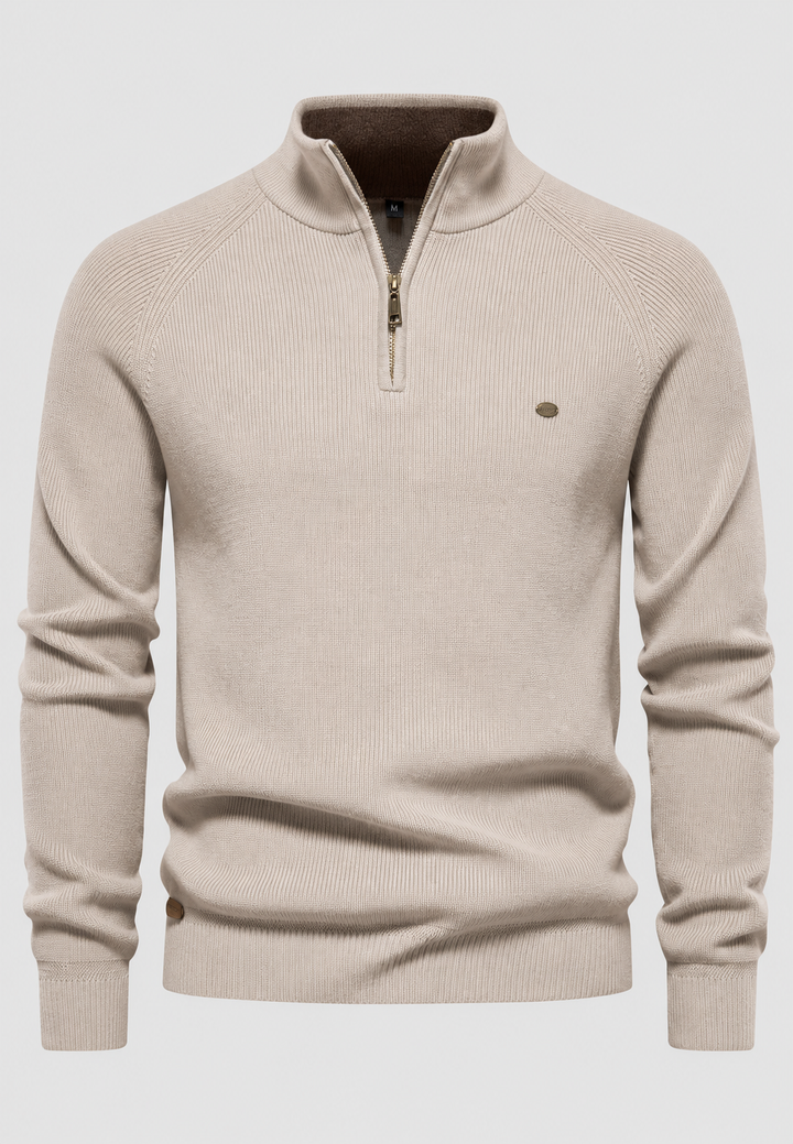 Herrenpullover mit halbem Reißverschluss, Stehkragen und Raglanärmeln – Aurel