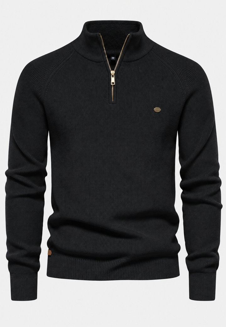 Herrenpullover mit halbem Reißverschluss, Stehkragen und Raglanärmeln – Aurel