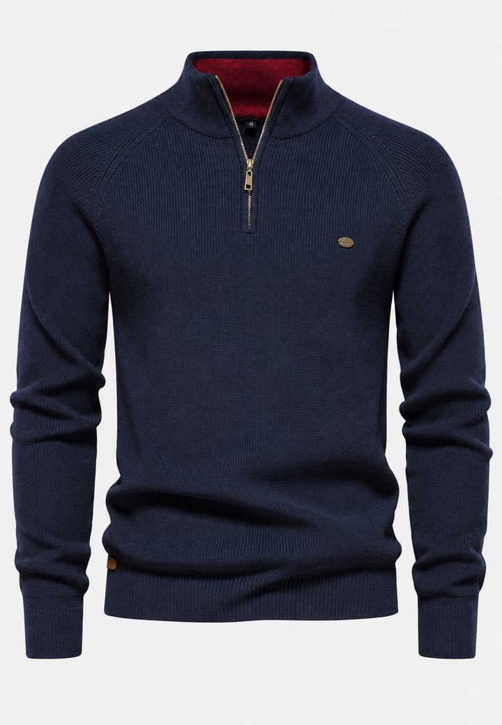 Herrenpullover mit halbem Reißverschluss, Stehkragen und Raglanärmeln – Aurel
