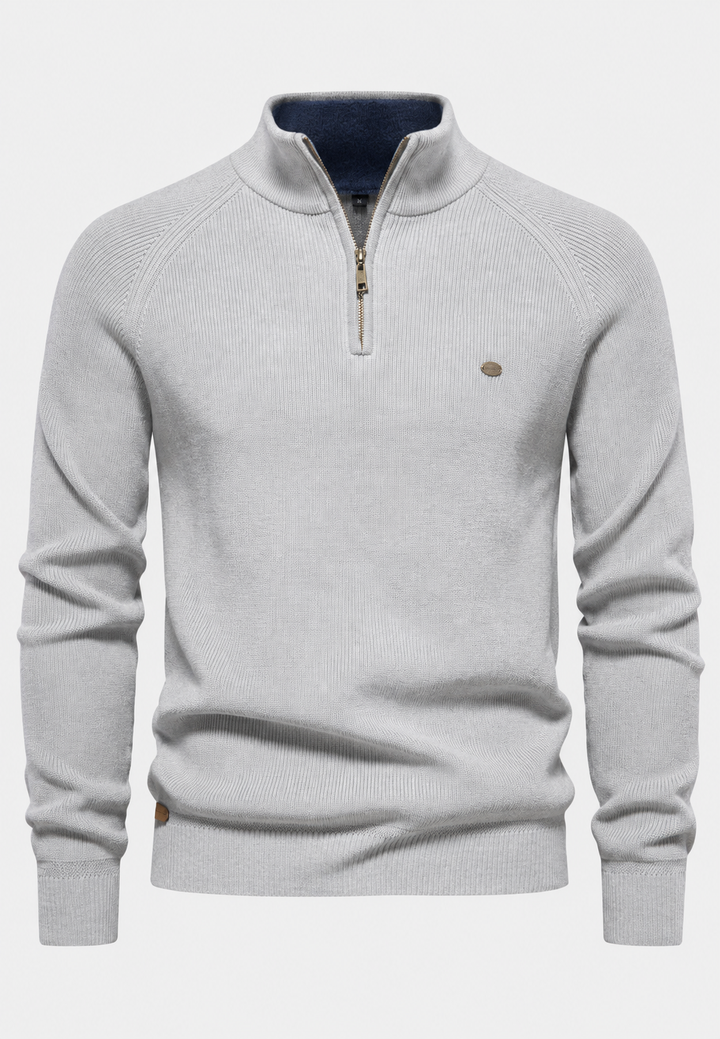 Herrenpullover mit halbem Reißverschluss, Stehkragen und Raglanärmeln – Aurel