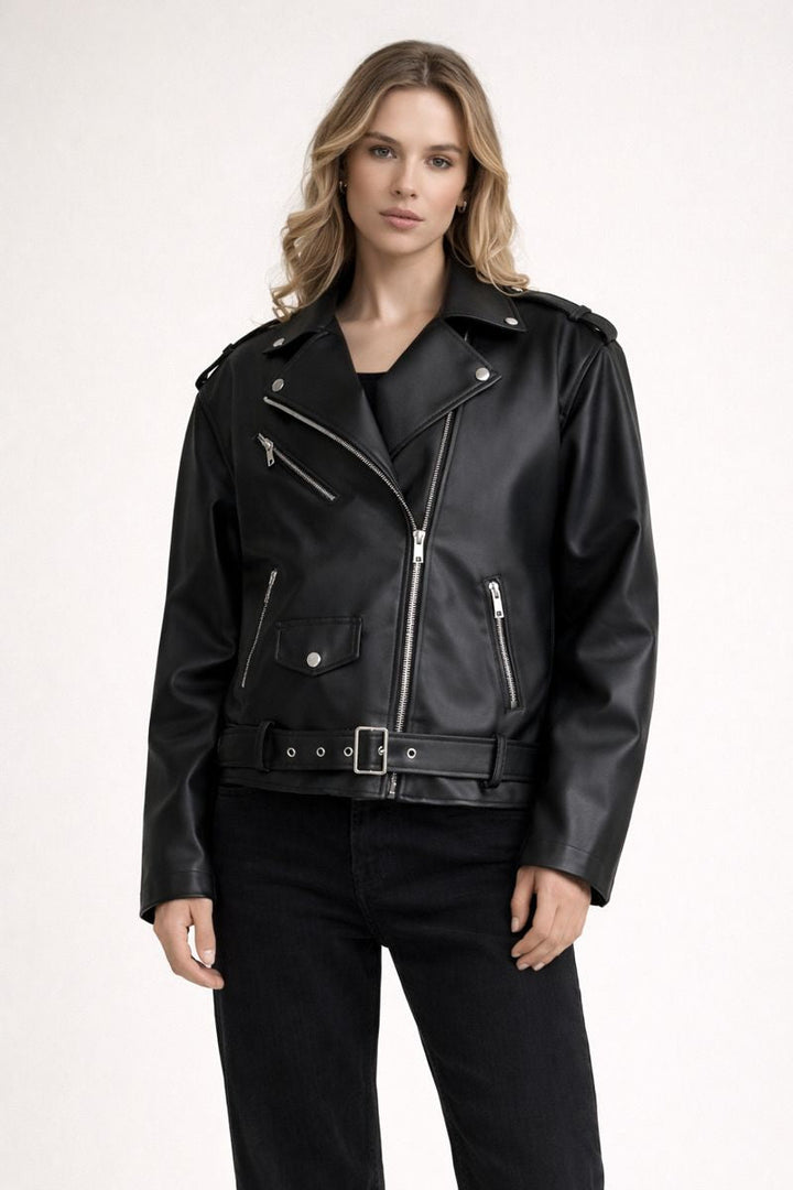 Damen-Bikerjacke mit Ledereffekt und Gürtel - Ylena