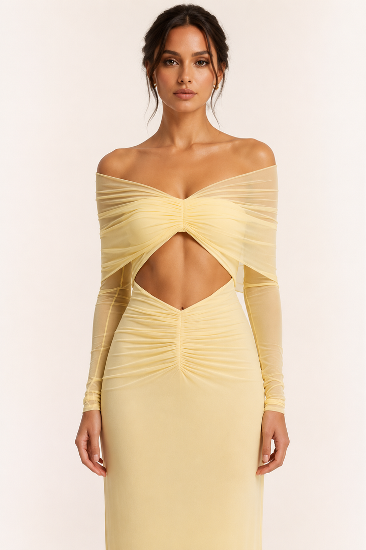 Langes Kleid Frau Hochzeitsgast nackte Schultern Schlitz Taille elegant - Helene