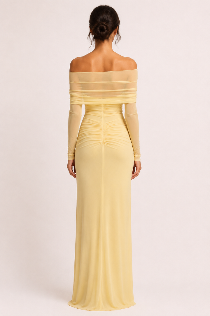 Langes Kleid Frau Hochzeitsgast nackte Schultern Schlitz Taille elegant - Helene