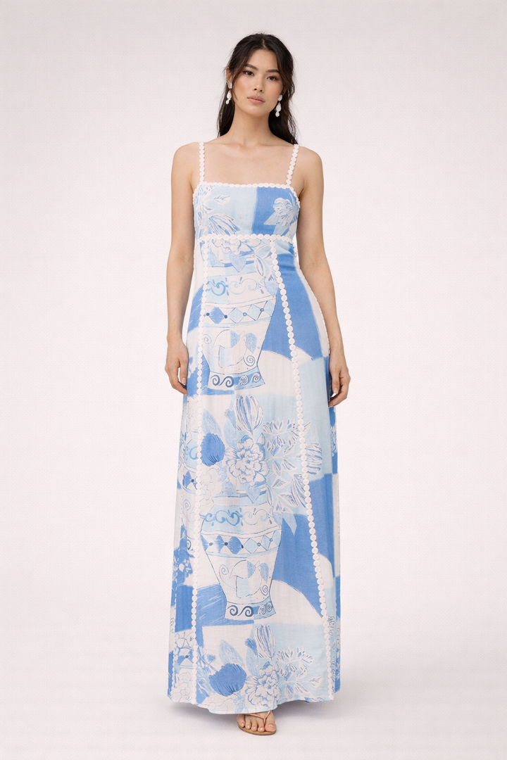 Bedrucktes Maxikleid mit Spitze und Trägern für Frauen - Isabella