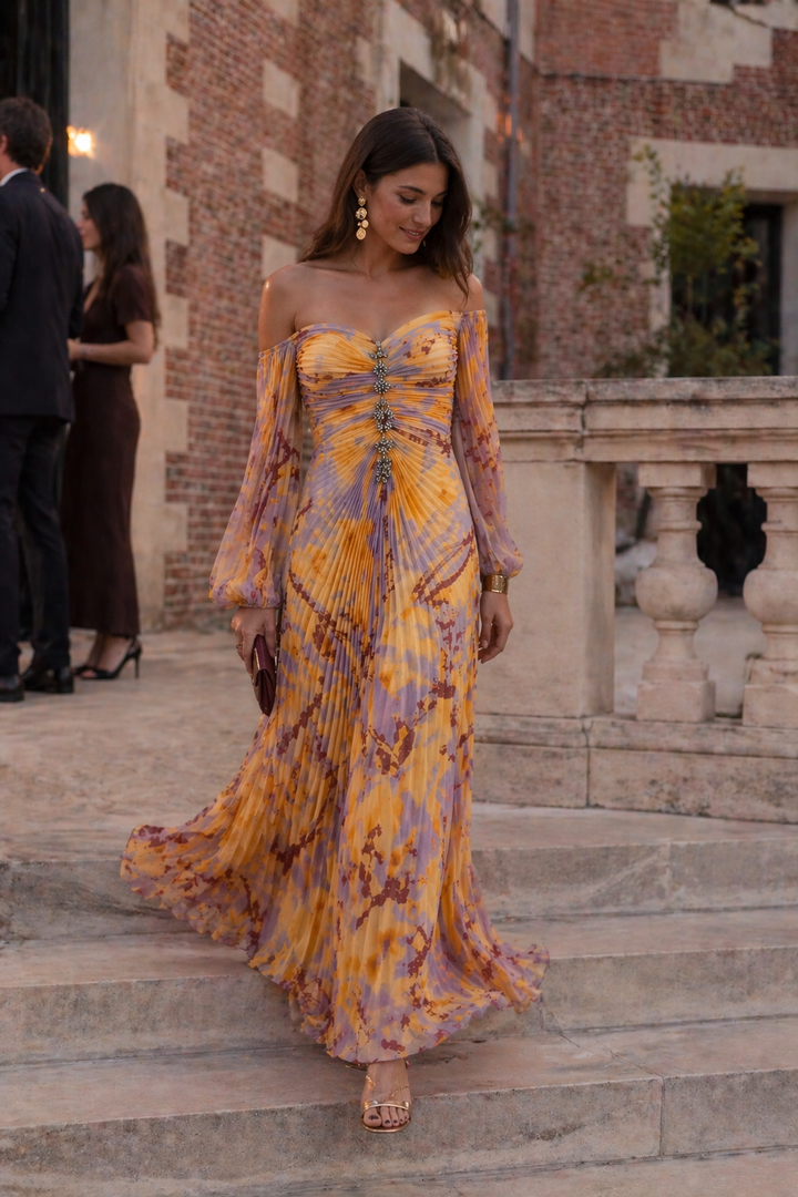 Langes elegantes Damenkleid mit plissiertem Schlitz - Lucia
