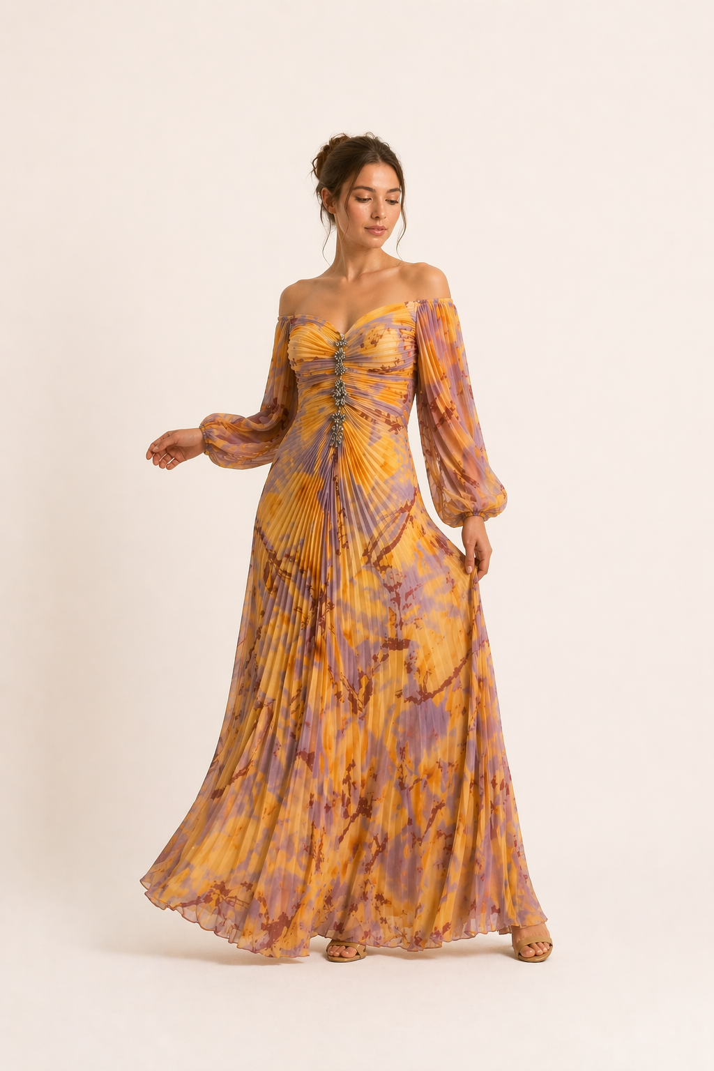 Langes elegantes Damenkleid mit plissiertem Schlitz - Lucia