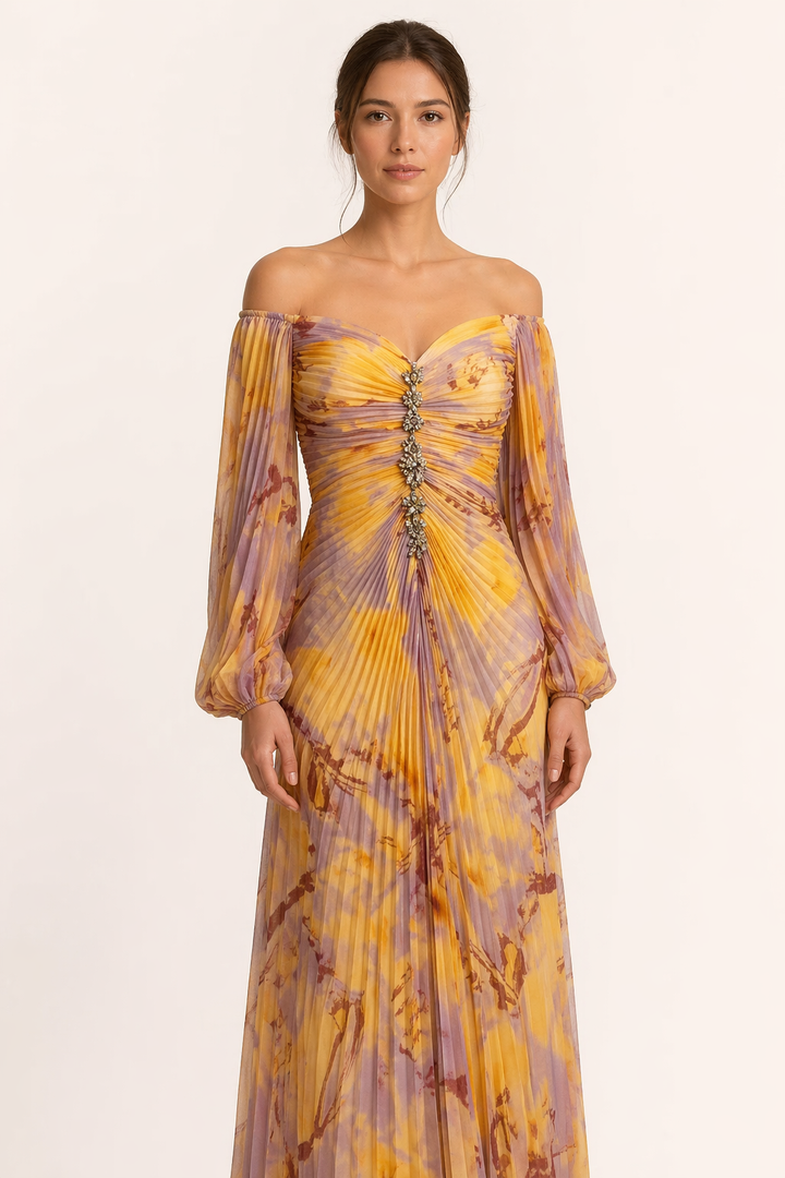 Langes elegantes Damenkleid mit plissiertem Schlitz - Lucia