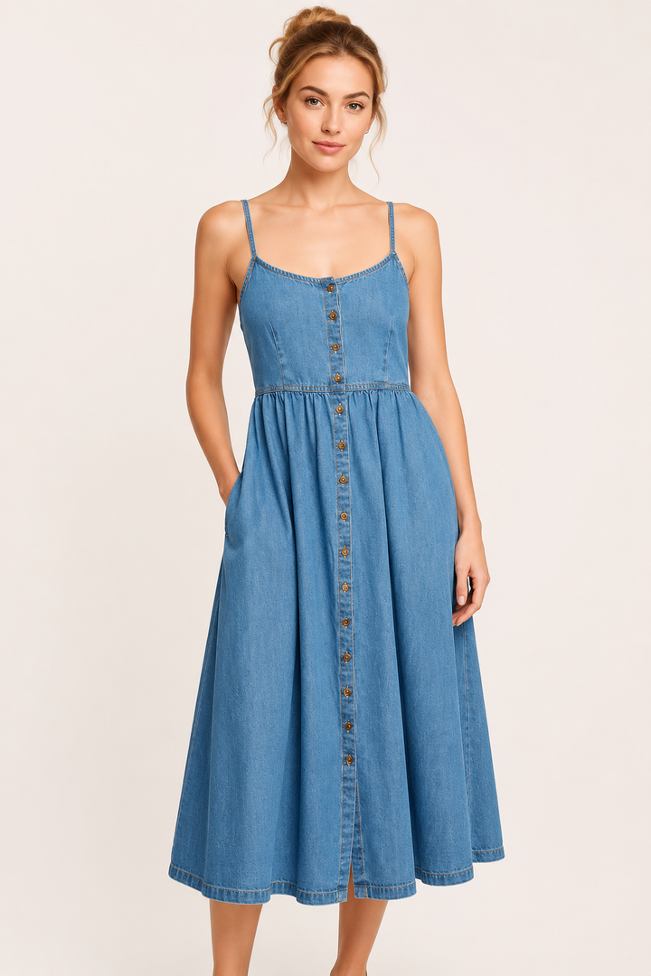 Midi-Denim-Kleid mit Knöpfen für Damen - Hanneli