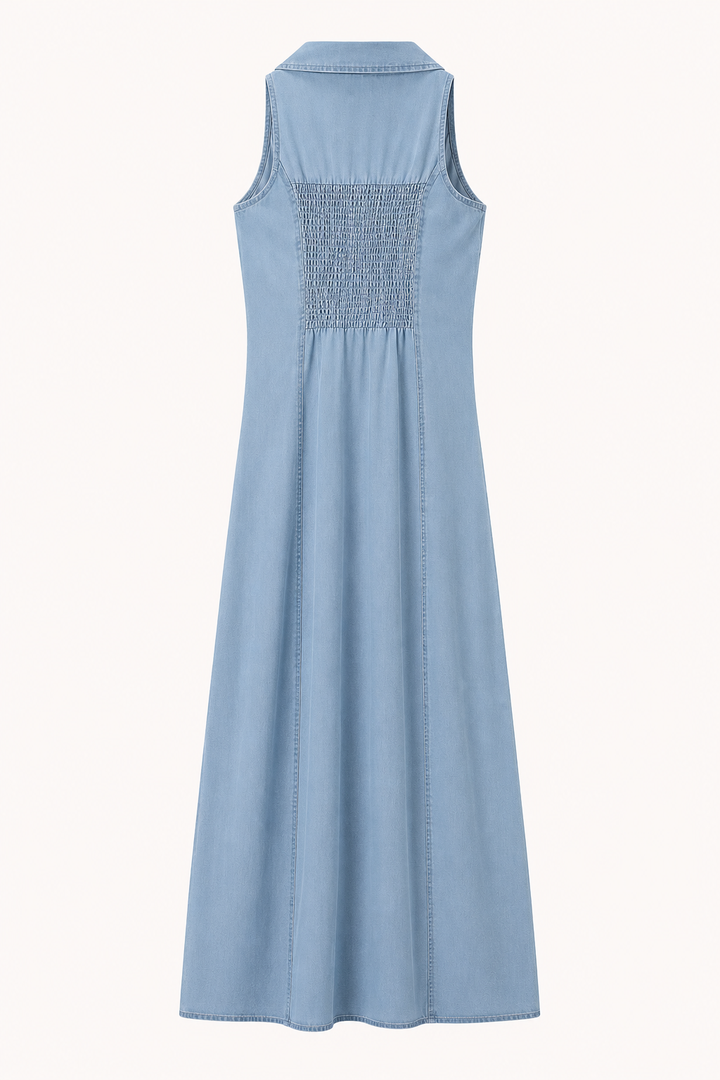 Langes ärmelloses Denim-Kleid mit Knopfleiste - Elara