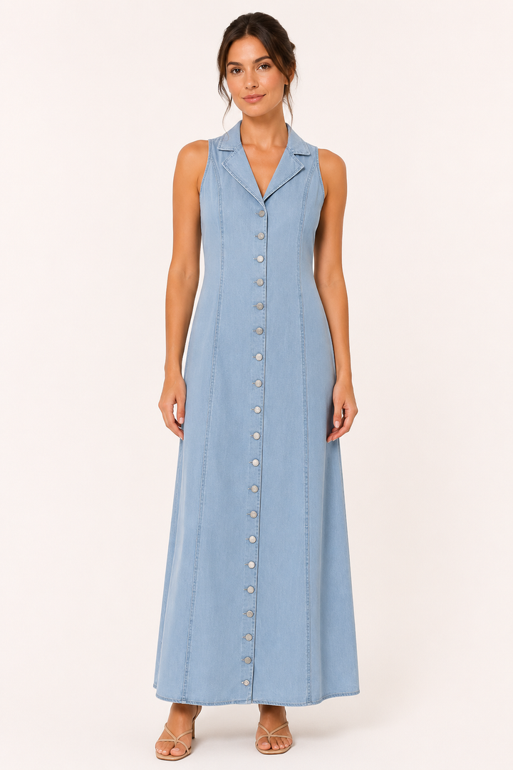 Langes ärmelloses Denim-Kleid mit Knopfleiste - Elara
