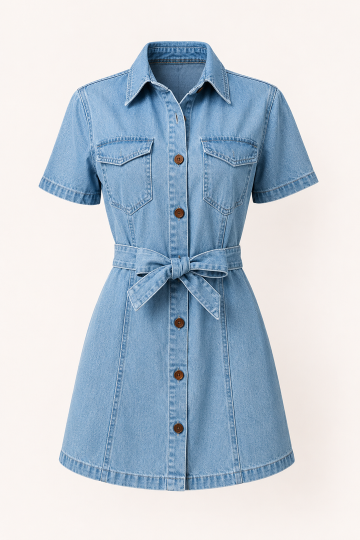 Kurzes Kleid Denim Frau kurzes Kleid Knöpfe Gürtel lässig - Tabea