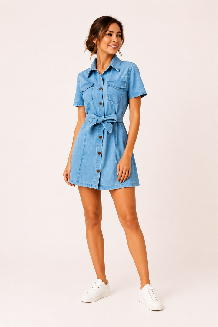Kurzes Kleid Denim Frau kurzes Kleid Knöpfe Gürtel lässig - Tabea