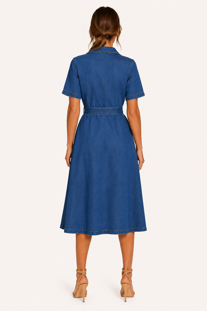 Damen Midikleid Denim lässig mit Gürtel und Knöpfen - Klara