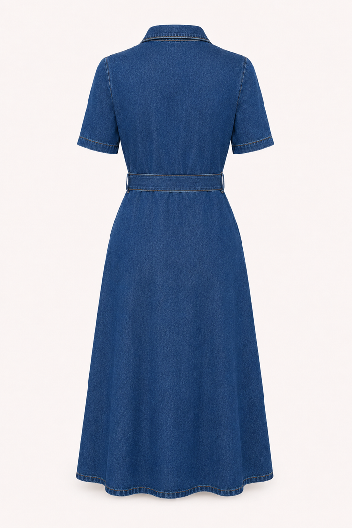 Damen Midikleid Denim lässig mit Gürtel und Knöpfen - Klara