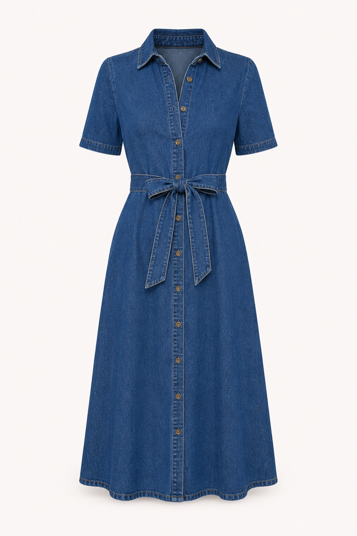 Damen Midikleid Denim lässig mit Gürtel und Knöpfen - Klara
