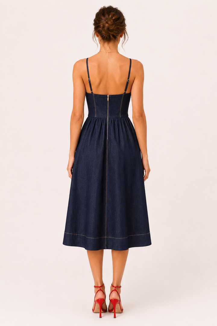 Midi-Kleid aus Denim mit herzförmigem Ausschnitt - Helene