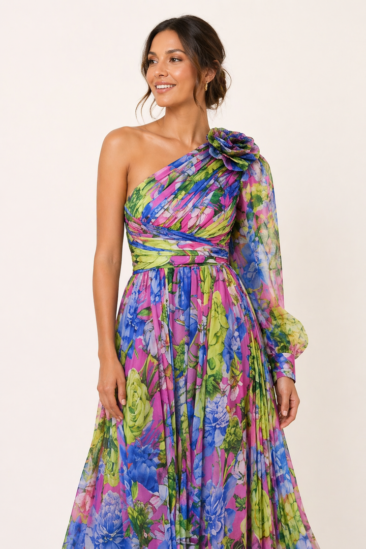 Floral eine Schulter langes Kleid mit Schlitz für Frauen Partei - Valentina