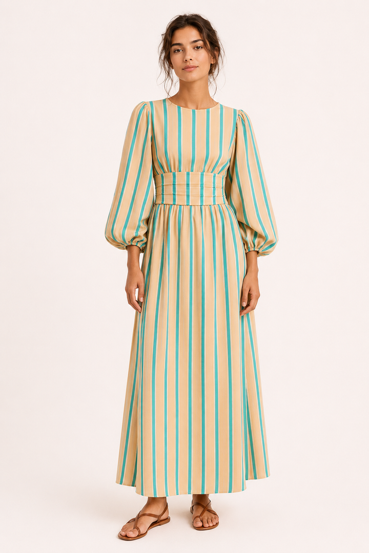 Langes gestreiftes Kleid mit Puffärmeln - Larissa