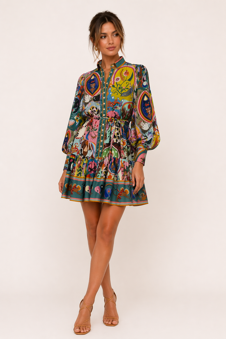 Bedrucktes kurzes Kleid mit langen Ärmeln und Gürtel für Frauen - Iria