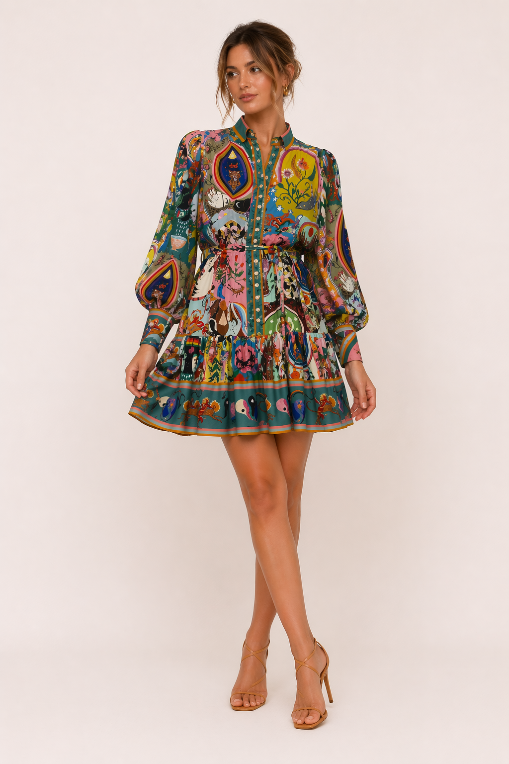 Bedrucktes kurzes Kleid mit langen Ärmeln und Gürtel für Frauen - Iria