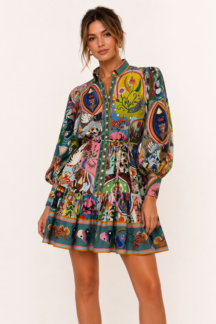 Bedrucktes kurzes Kleid mit langen Ärmeln und Gürtel für Frauen - Iria