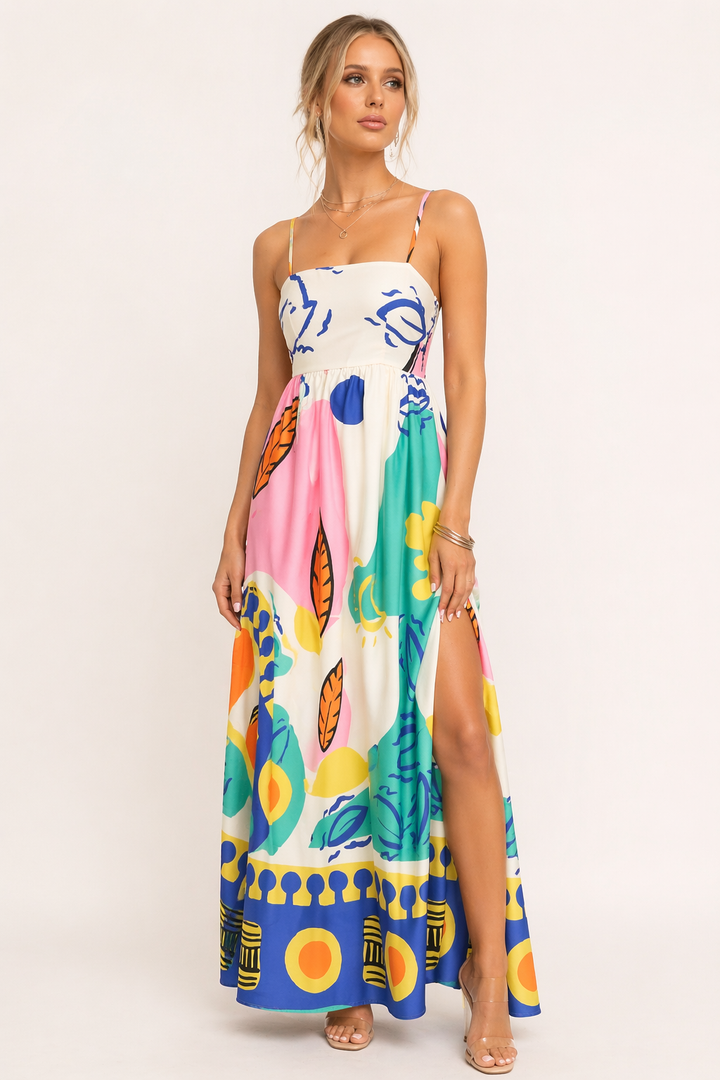 Bedrucktes langes Kleid mit offenen Trägern für Frauen Sommer - Aroa