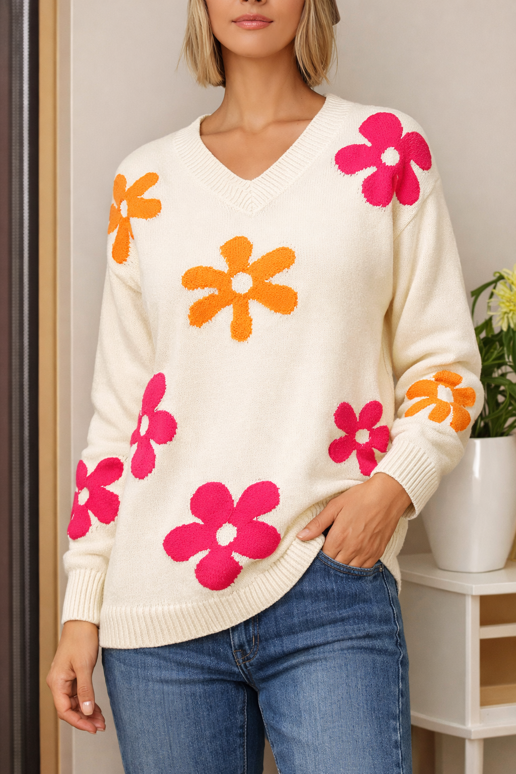 Damen Pullover mit V-Ausschnitt aus geblümtem Strick - Sahori