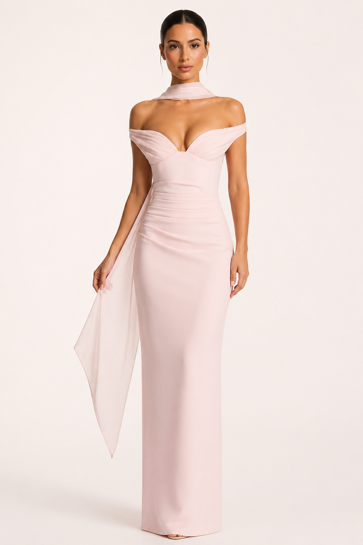 Langes Abendkleid für Damen mit Bardot-Ausschnitt und Schal – Fanny