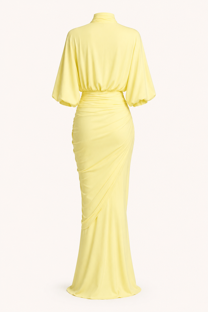 Langes Kleid für Frauen Hochzeitsgäste elegant geraffte Rollkragen - Maren