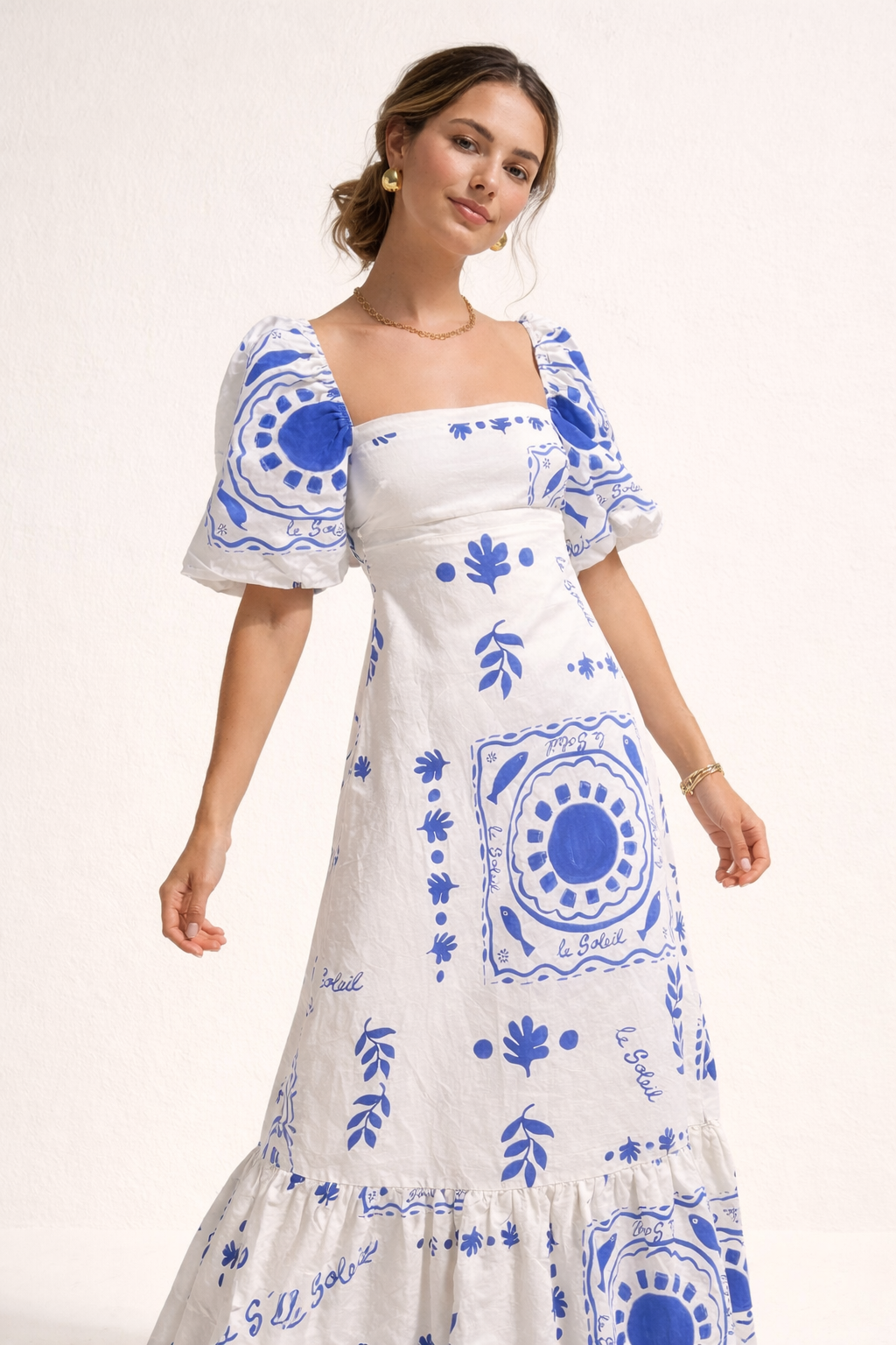 Bedrucktes Midikleid mit quadratischem Ausschnitt und Puffärmeln - Soleil