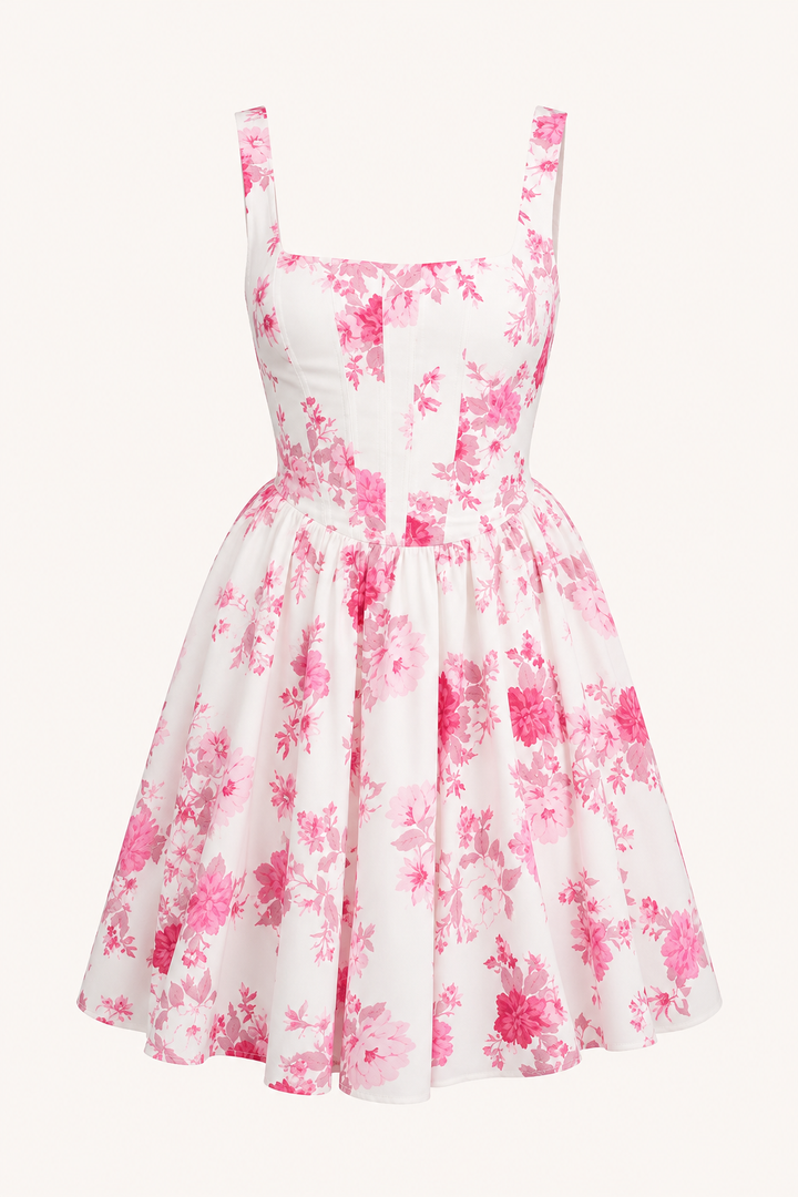 Kurzes Kleid mit Blumenmuster und quadratischem Ausschnitt – Anja