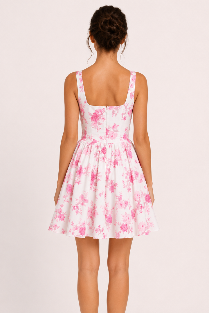 Kurzes Kleid mit Blumenmuster und quadratischem Ausschnitt – Anja