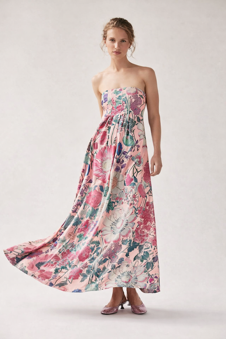Langes Kleid mit Blumendruck, hohe Taille, A-Linien-Schnitt - Althea