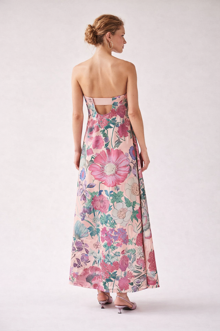 Langes Kleid mit Blumendruck, hohe Taille, A-Linien-Schnitt - Althea