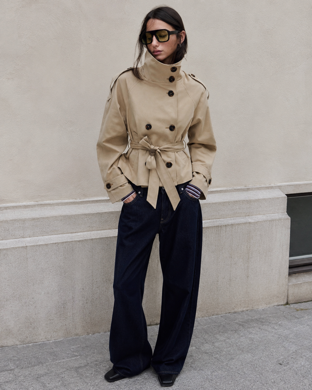 Damen-Trenchcoat mit hohem Kragen und Gürtel – Solène