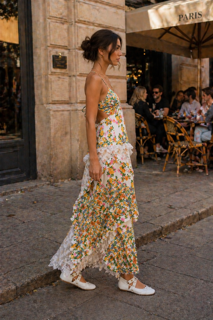 Langes Kleid mit Blumendruck Sommer Spitze - Danira