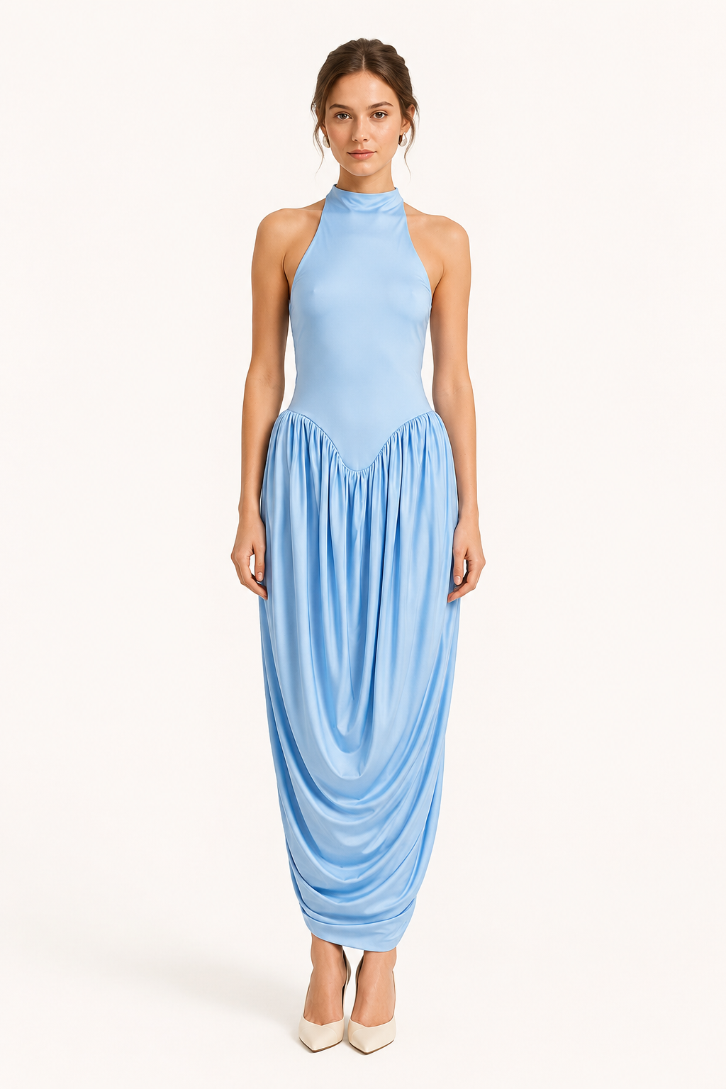 Langes Sommerkleid für Damen mit Halterkragen und fließendem Rock – Liv