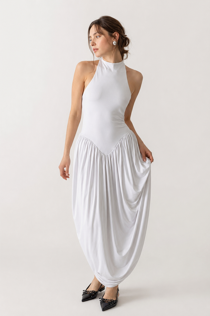 Langes Sommerkleid für Damen mit Halterkragen und fließendem Rock – Liv