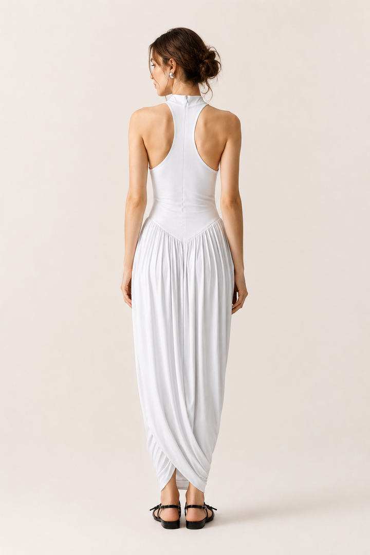 Langes Sommerkleid für Damen mit Halterkragen und fließendem Rock – Liv